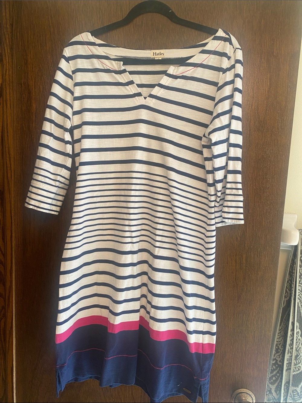 Hatley White Navy Striped V-Neck Midi Dress with Pink Band